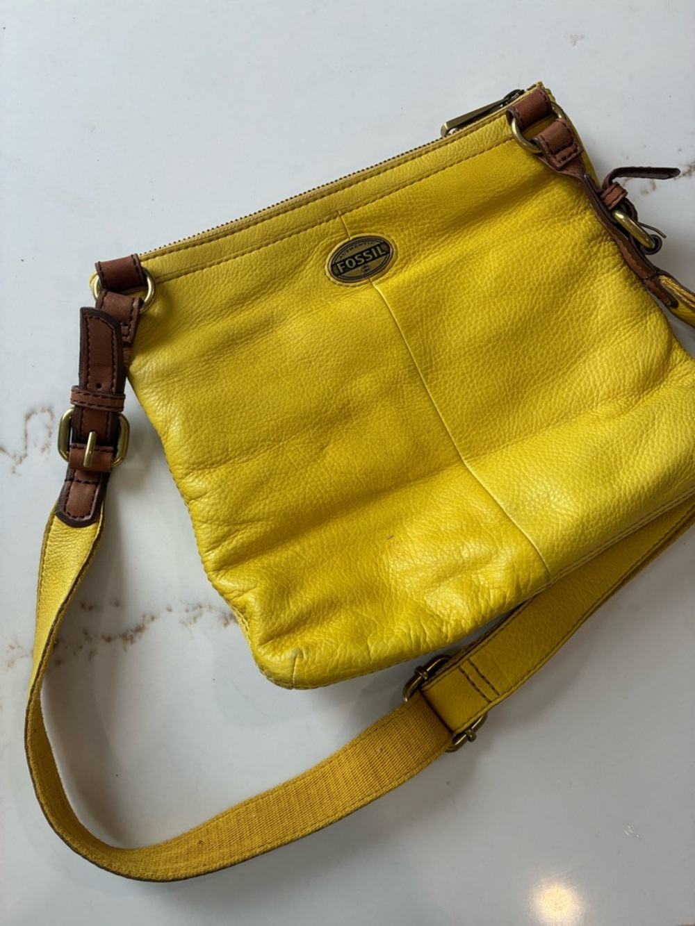Fossil Bright Yellow Leather Crossbody with Brown Trim